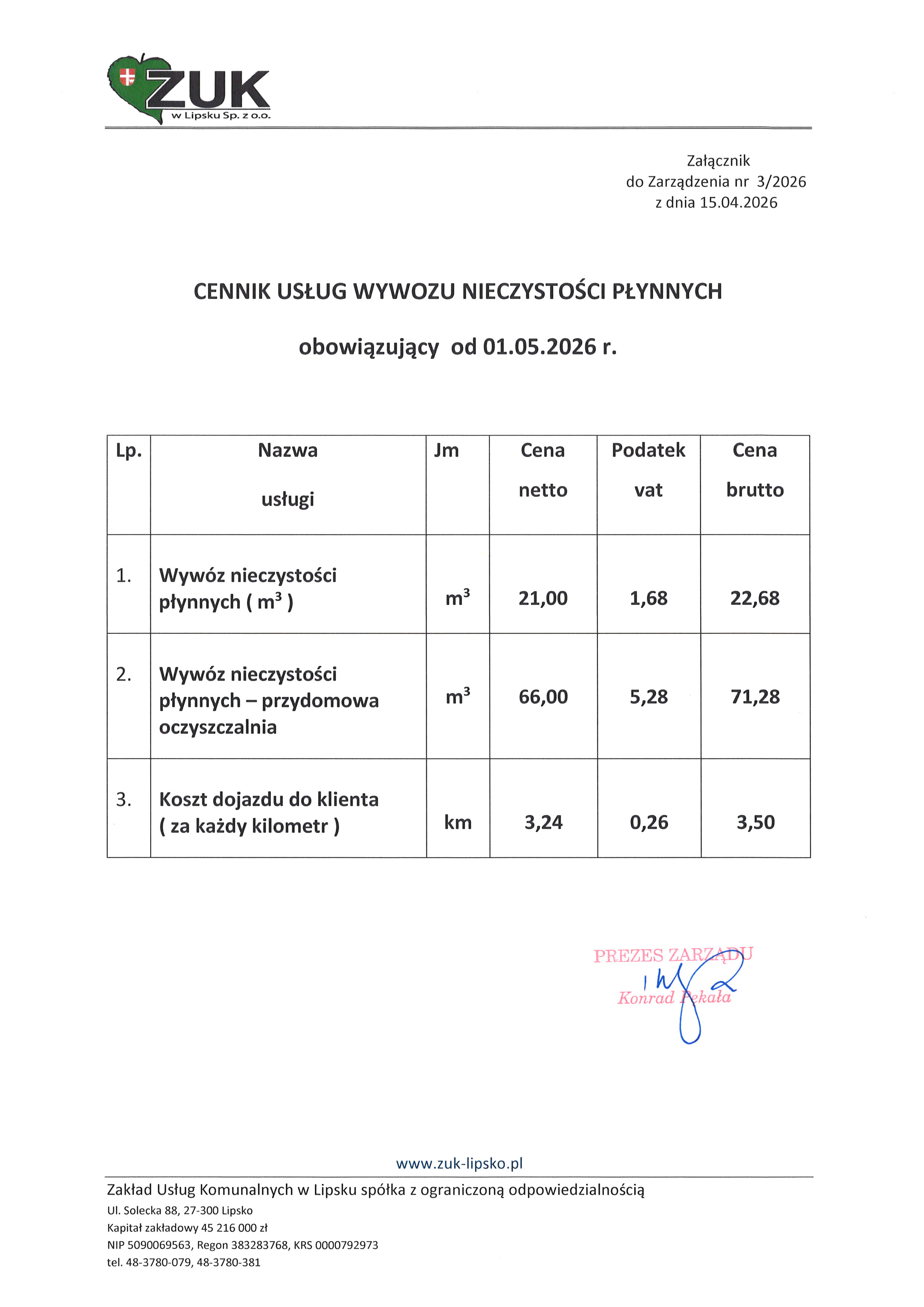 cennik usług wywozu nieczystości płynnych